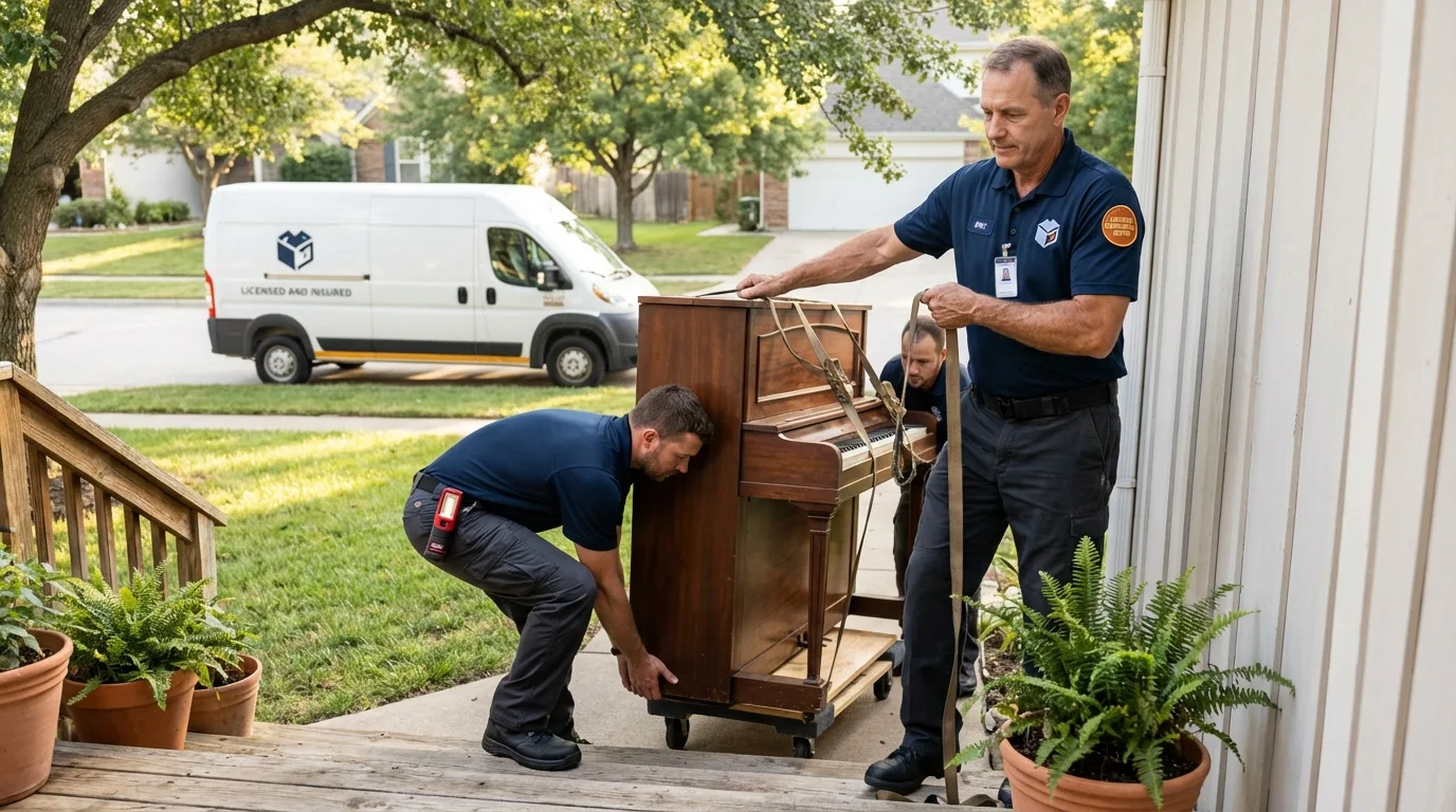 Licensed piano movers securing grand piano in Crompond, NY